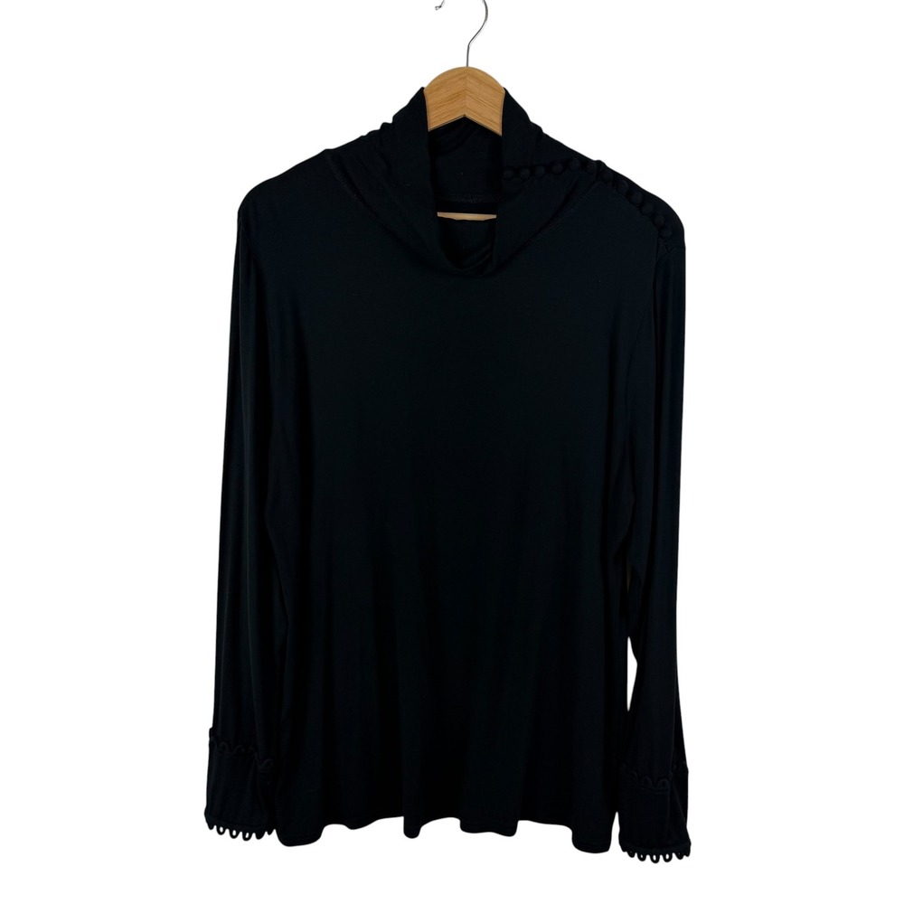 Soft Surroundings Black Cowl Neck Top XL Scalloped Cuffs Minimalist Soft Stretch